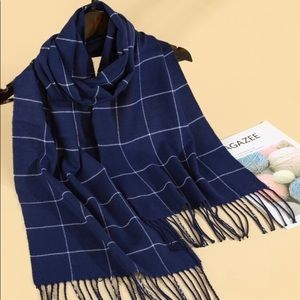 Classic Winter Navy Blue Plaid Scarf for Women or Men Soft Check Tassel Scarves